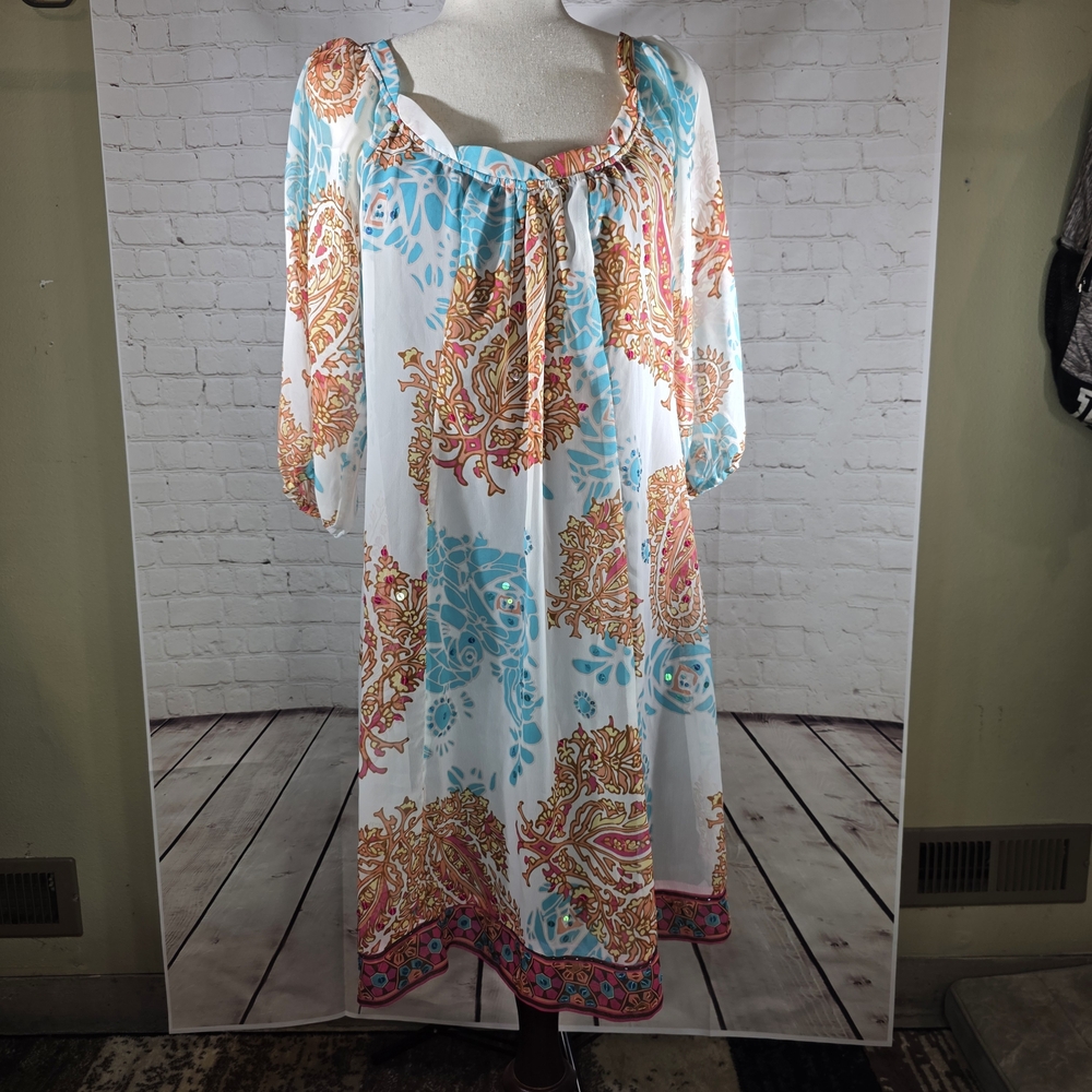 Nicole by Nicole Miller White Maxi Dress with Turquoise & Coral Paisley‎